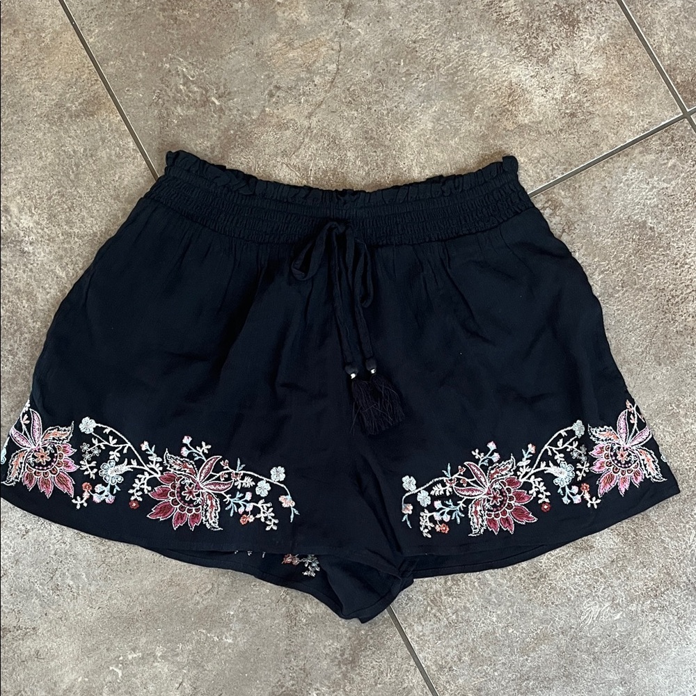 American Eagle Outfitters Black Shorts with Pink Floral Embroidery